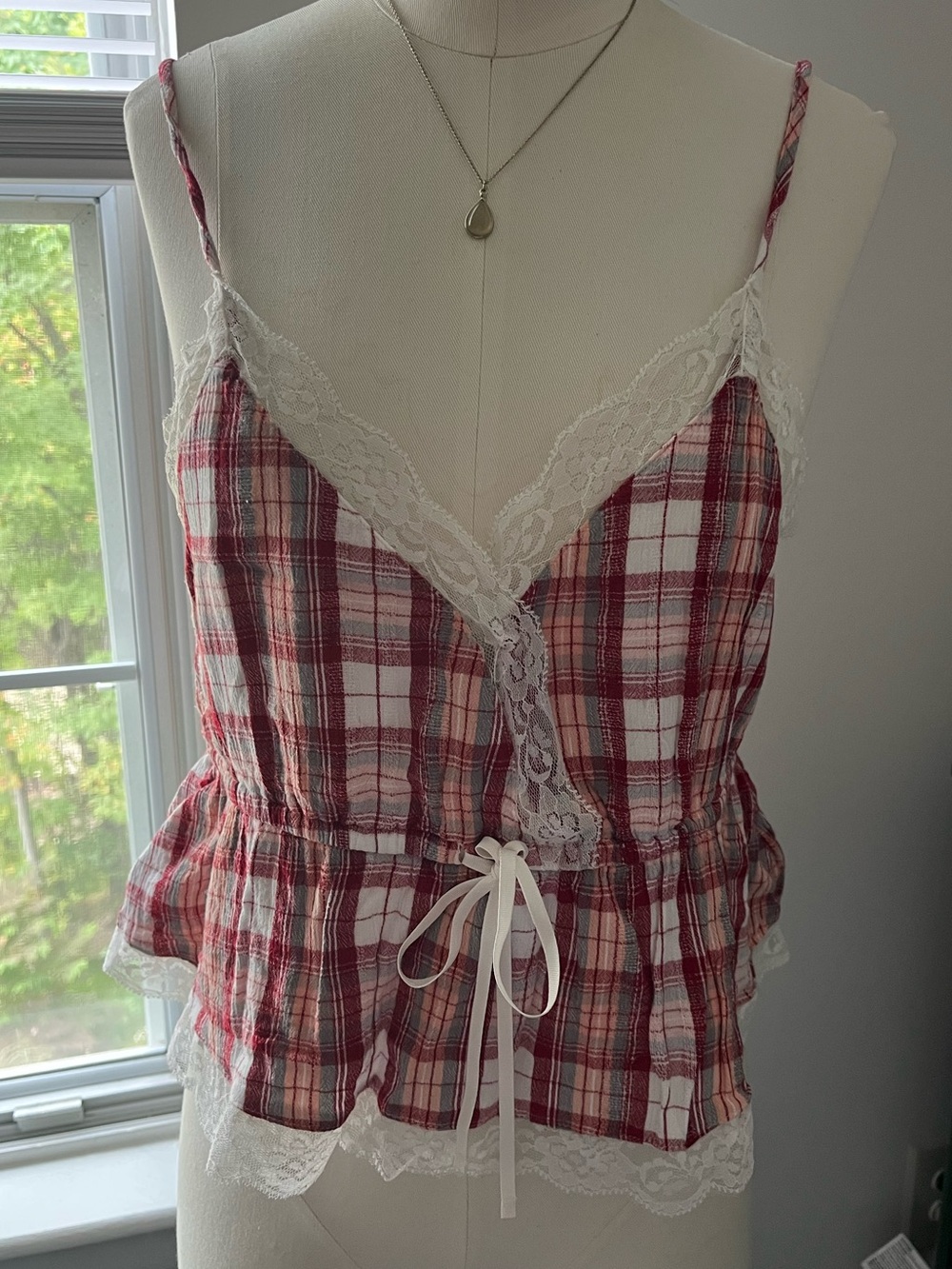 American Eagle Red Plaid Lace-Trim Cami